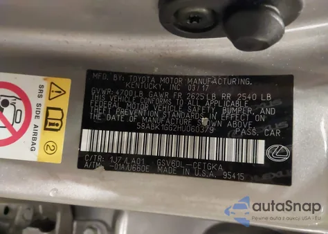 2017 Lexus Es 350 z USA, uszkodzony, nr VIN 58ABK1GG2HU060379